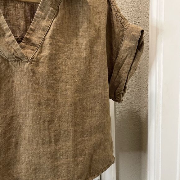 Banana Republic Cruz Linen Utility Top Off White Brown V-Neck Short Sleeve Sz S - Picture 2 of 8
